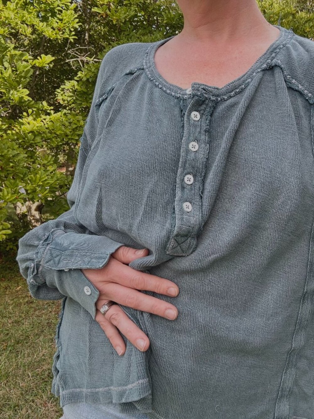Free People Long SLeeve Distressed Henley Shirt